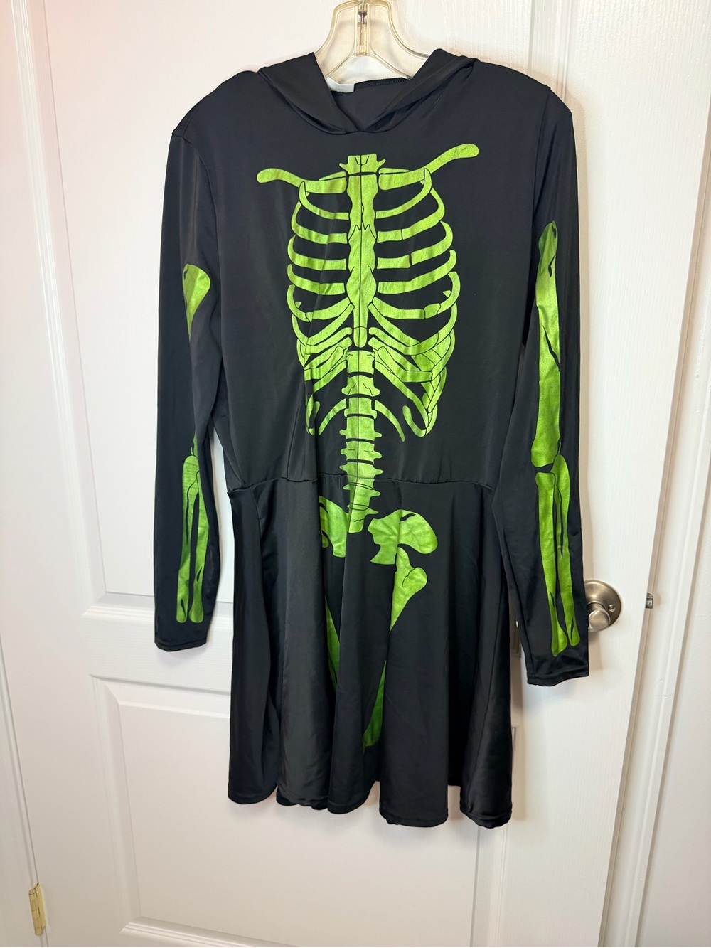 Spirit Black Dress Costume with Neon Green Skeleton Print and Hooded Skirt